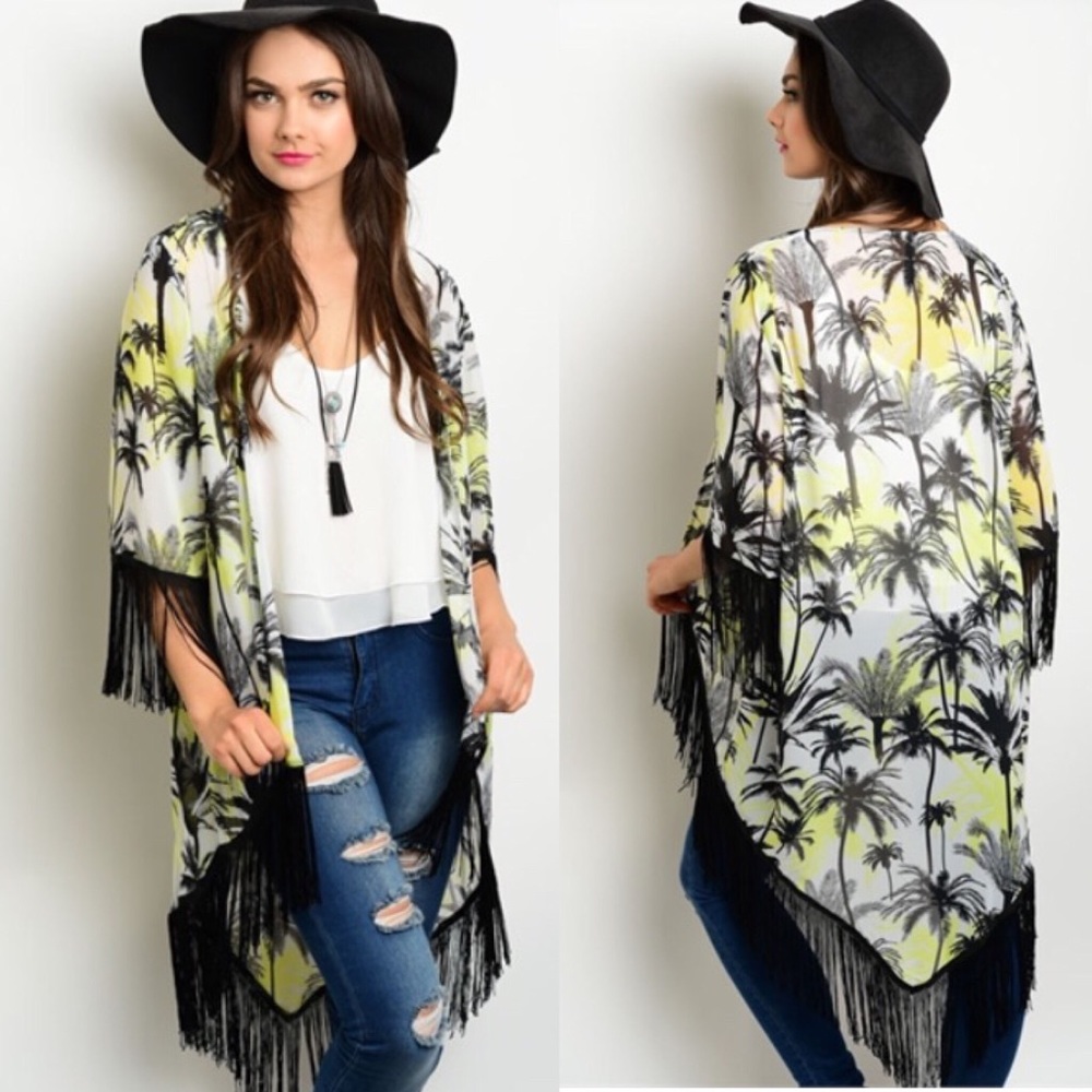 New Boho Fringe Tropical Print Open Cardigan Large